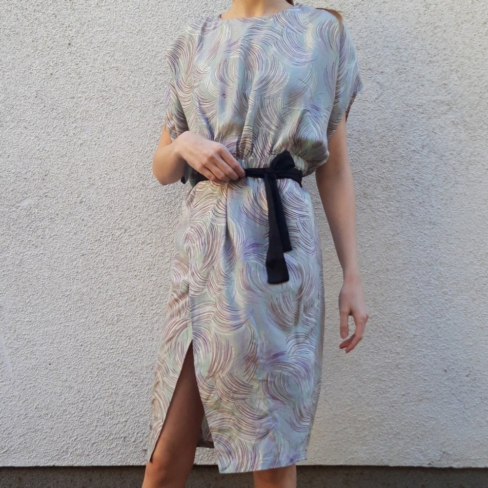 Vintage Silky Wrap Dress with Art Deco Geo Pattern